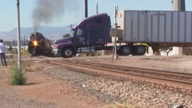UP Challenger Gives Close Up After Close Call With Semi Truck! | Train Fanatics Videos