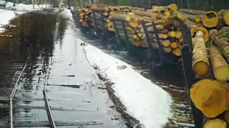 Lumber Train Creeps Over Submerged Tracks! | Train Fanatics Videos