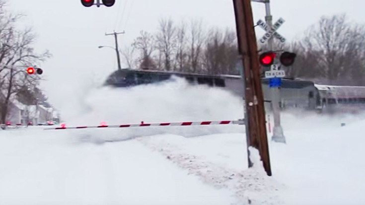 Speeding Amtrak Train Disappears In A Cloud Of Snow! | Train Fanatics Videos