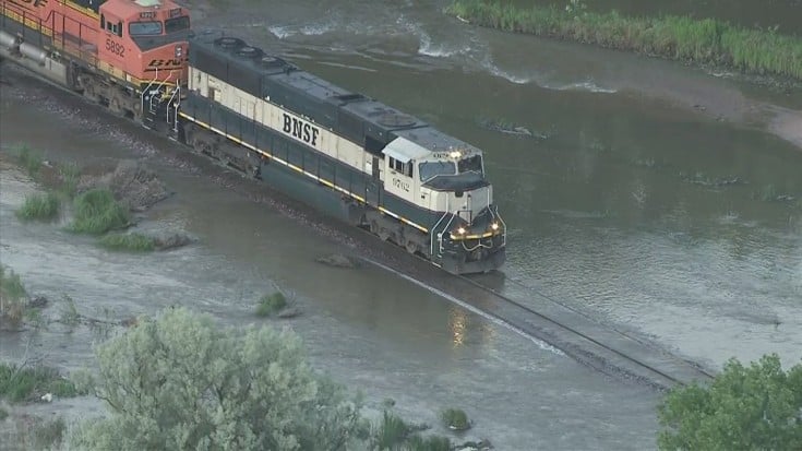 BNSF Freight Takes  On Flooded Track | Train Fanatics Videos